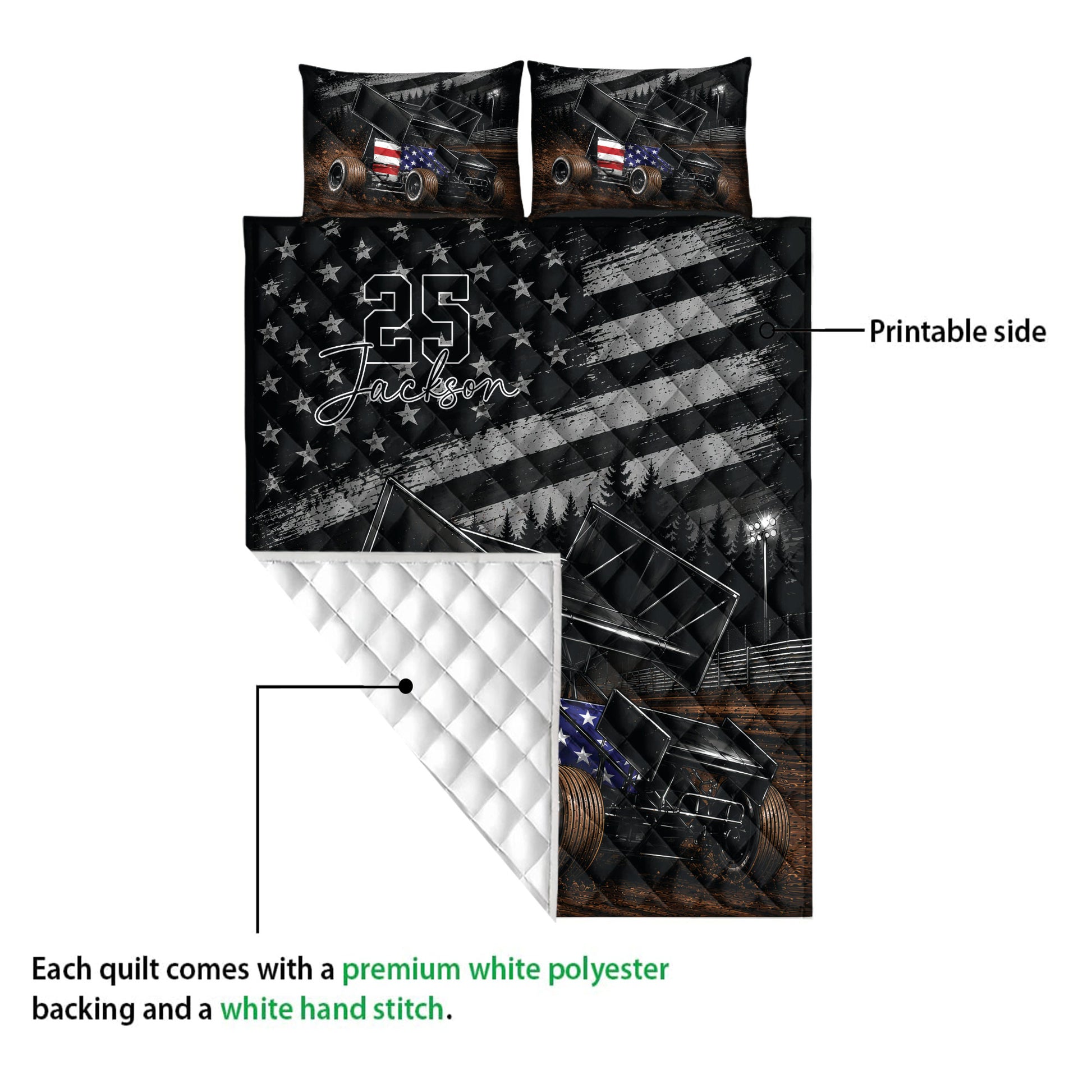 Dirt track racing quilt showing the printed front design and white quilted backing in a product detail view