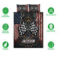 Racing quilt bedding set shown with checkered flag artwork, patriotic accents, and soft breathable product feature icons