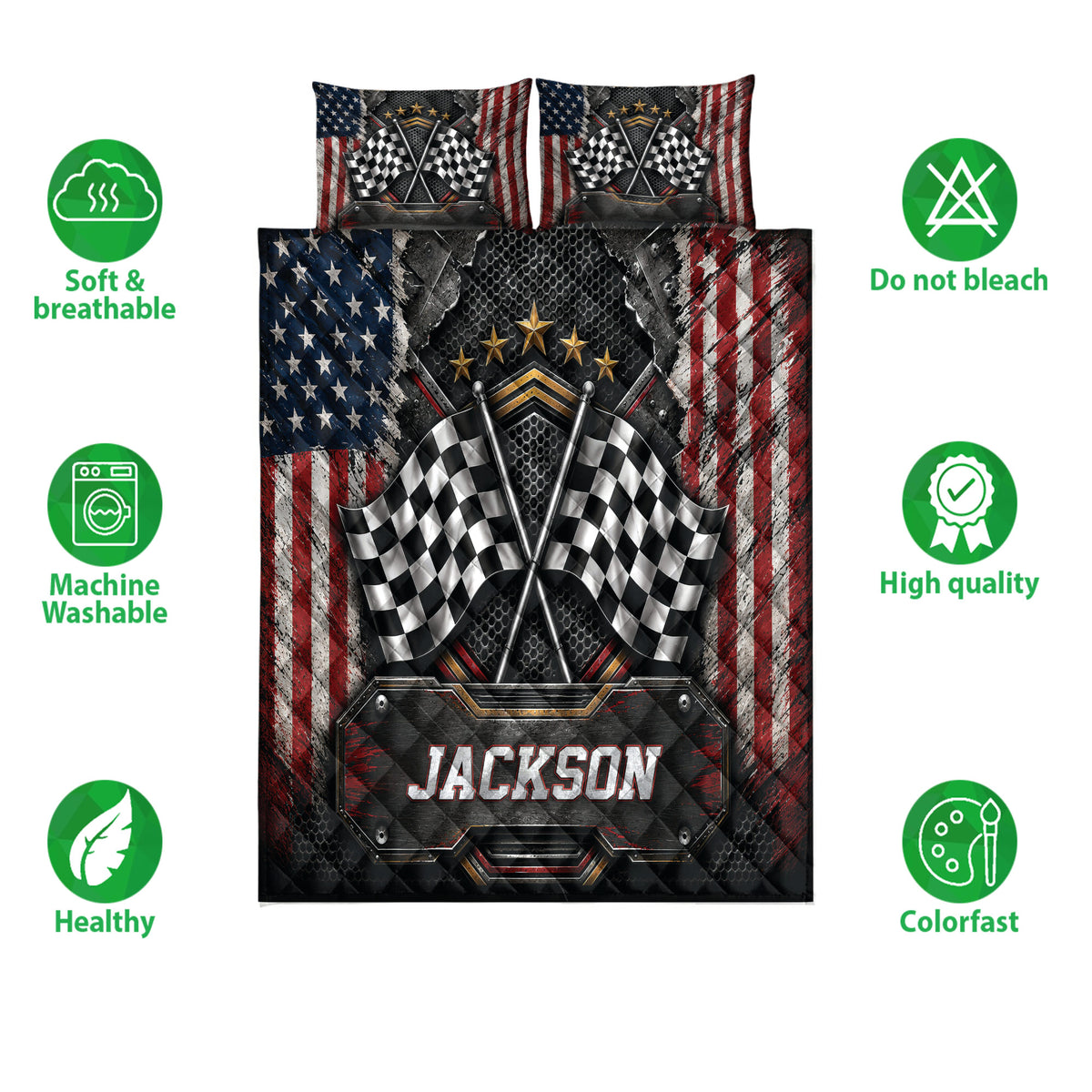 Racing quilt bedding set shown with checkered flag artwork, patriotic accents, and soft breathable product feature icons