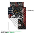 Racing quilt blanket showing a vivid printed front with crossed checkered flags and a white quilted backing