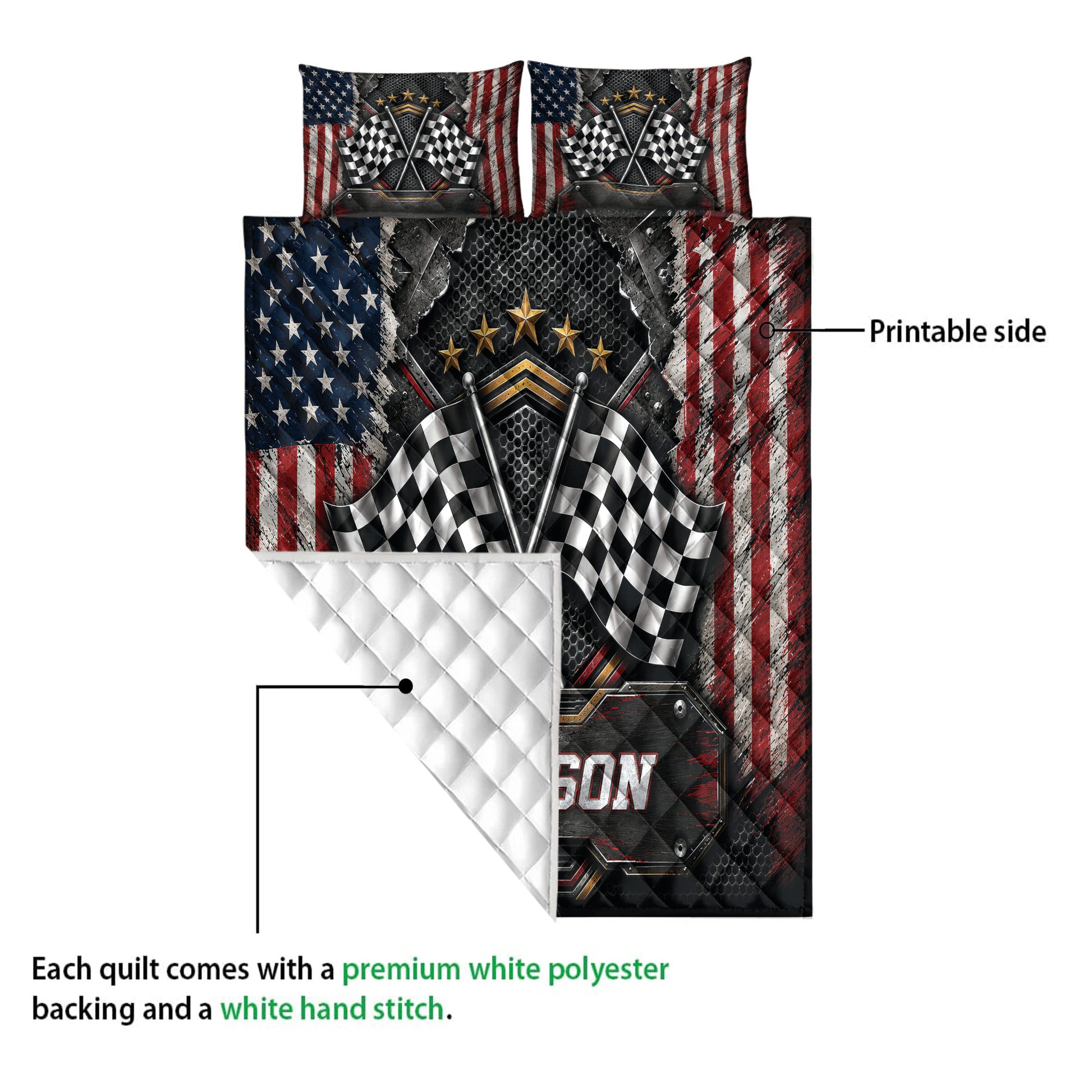 Racing quilt blanket showing a vivid printed front with crossed checkered flags and a white quilted backing