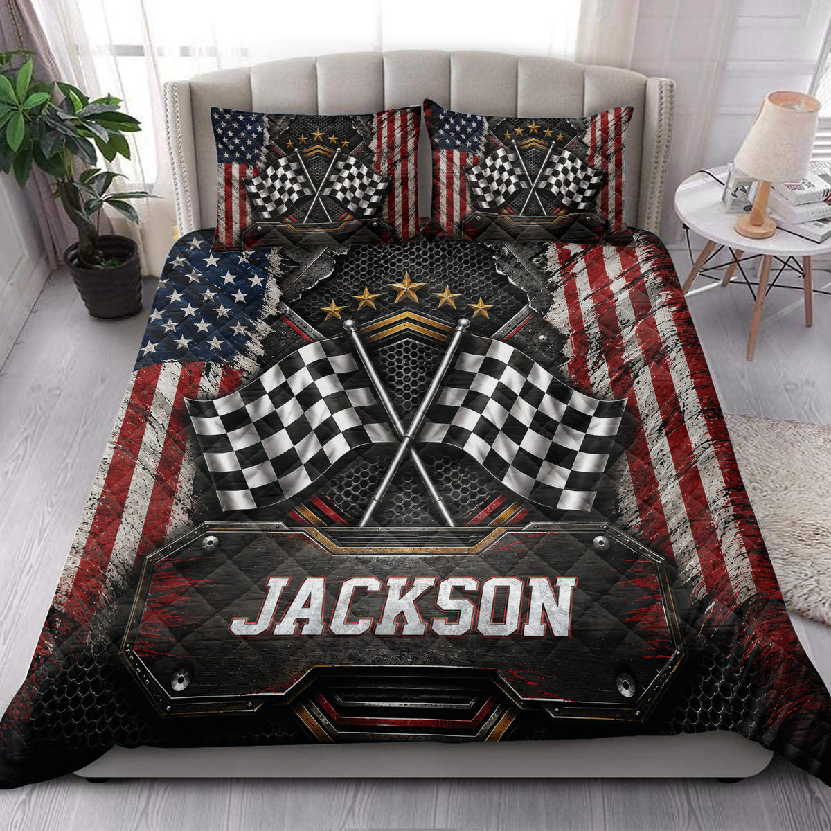 Racing quilt bedding styled in a bright bedroom with checkered flags, patriotic colors, and dramatic motorsport artwork