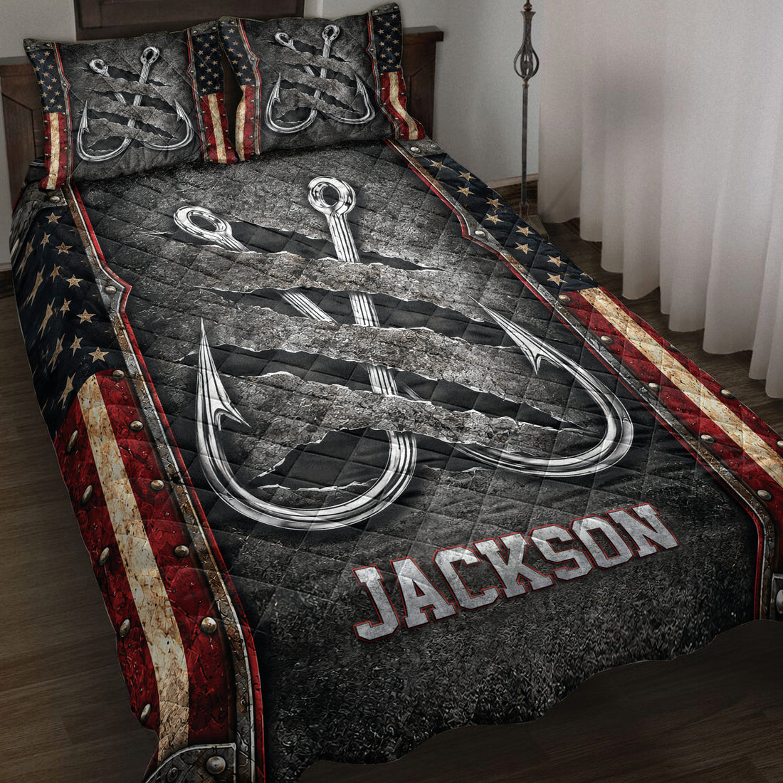 Fishing quilt bedding set displayed on a bed with large silver hooks, rugged black texture, and patriotic borders