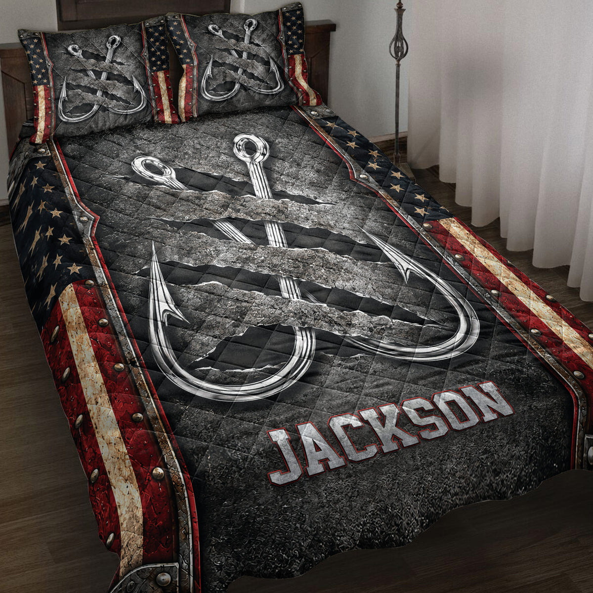 Fishing quilt bedding set displayed on a bed with large silver hooks, rugged black texture, and patriotic borders