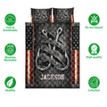 Fishing quilt blanket shown with oversized hook artwork, star-spangled borders, and product feature icons
