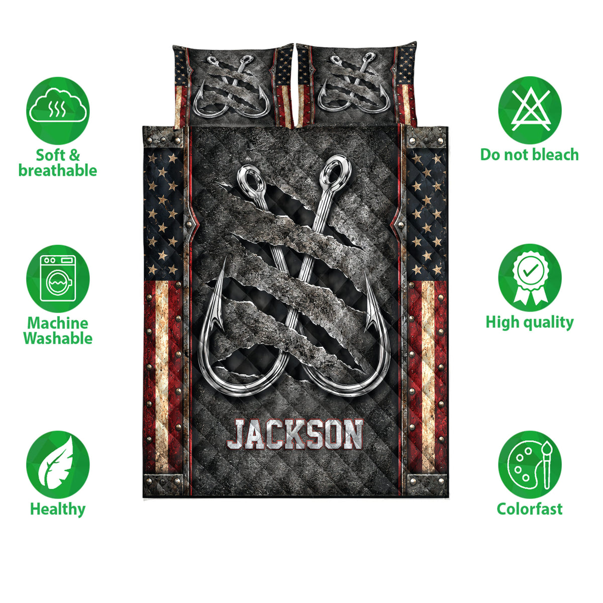 Fishing quilt blanket shown with oversized hook artwork, star-spangled borders, and product feature icons