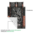 Fishing quilt showing the printed front design, quilted backing, and large metallic hook artwork