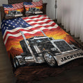 American flag quilt blanket with large semi-truck artwork and mountain sunset bedroom design