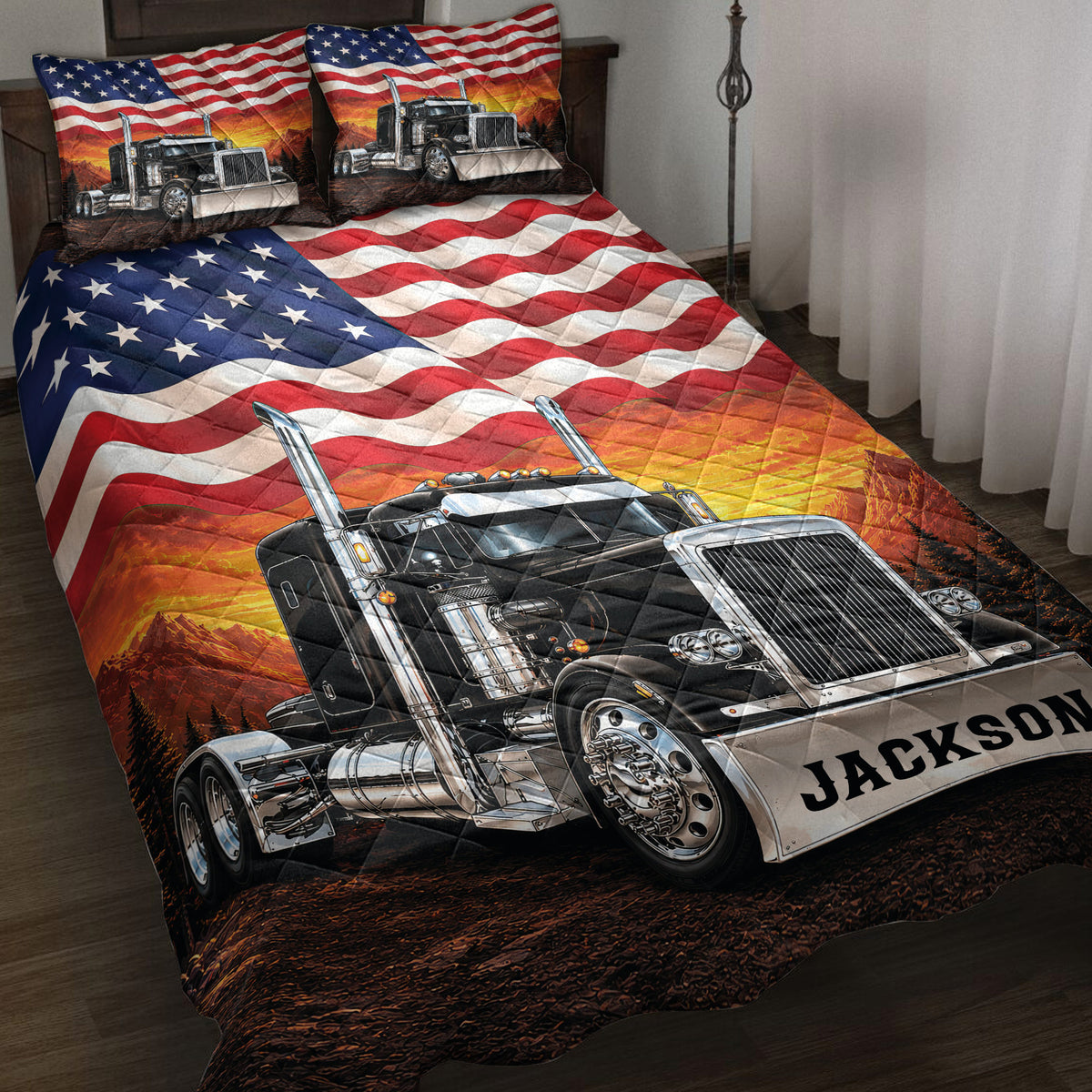 American flag quilt blanket with large semi-truck artwork and mountain sunset bedroom design