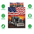 Semi-truck quilt bedding set displayed with patriotic flag artwork and product feature icons