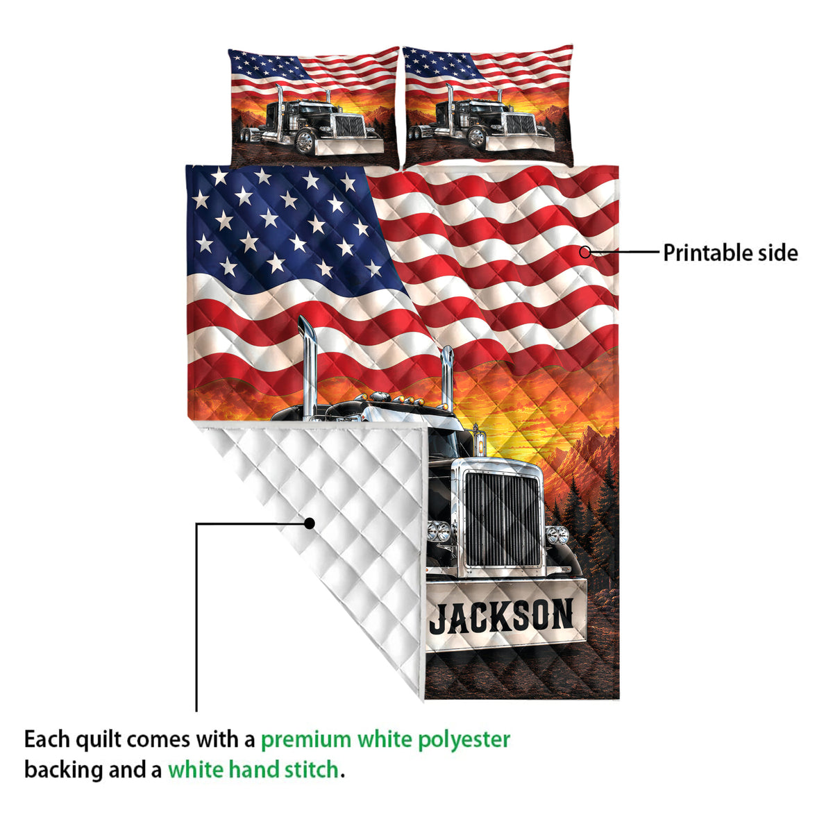 Close view of patriotic semi-truck quilt showing printed front and white quilted backing