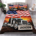 American truck quilt blanket styled on a bedroom bed with matching truck pillowcase options