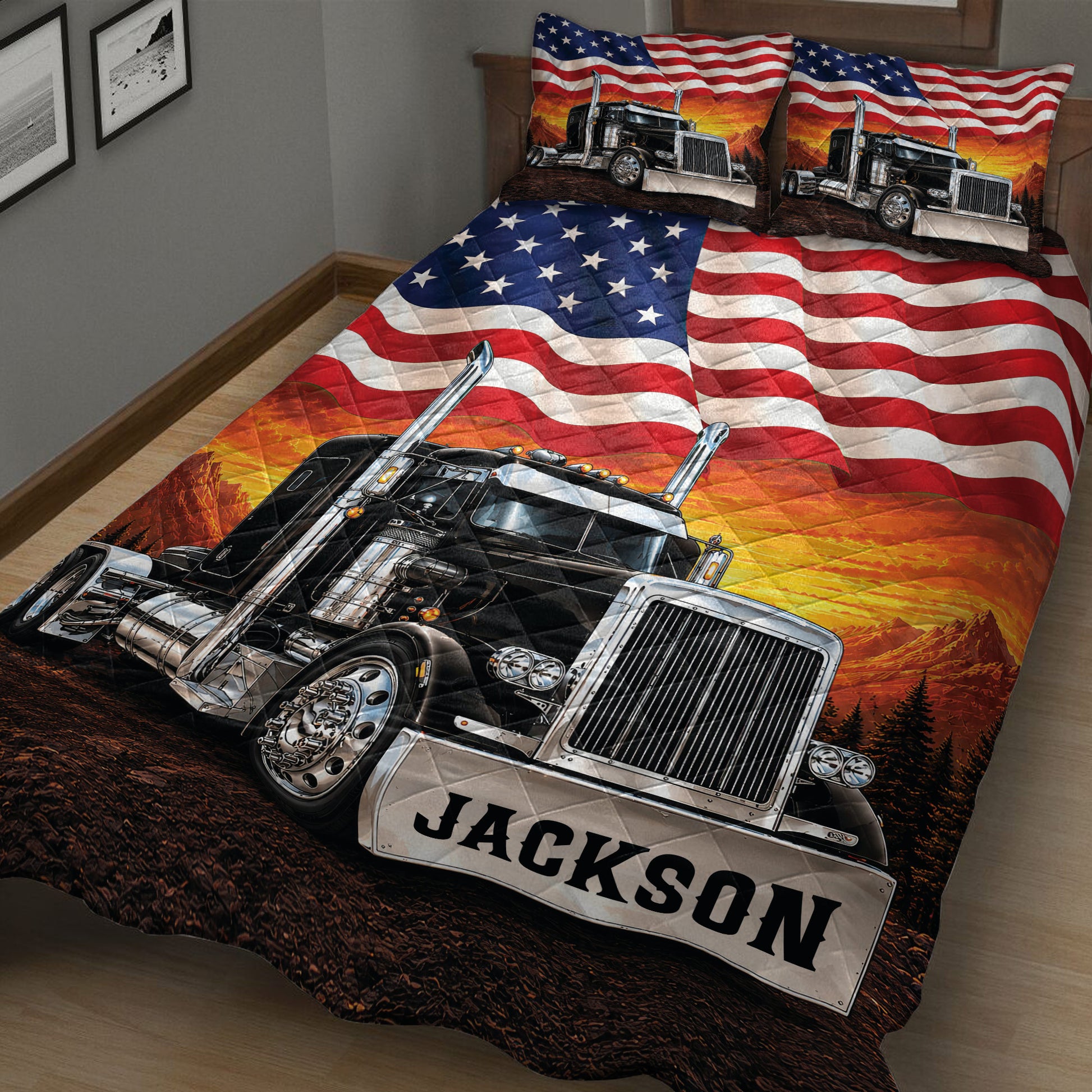 Close-up semi-truck quilt blanket with American flag pattern, mountains, and bold trucking artwork