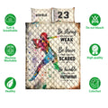 Softball quilt bedding set shown with vibrant batter artwork and soft breathable product feature icons