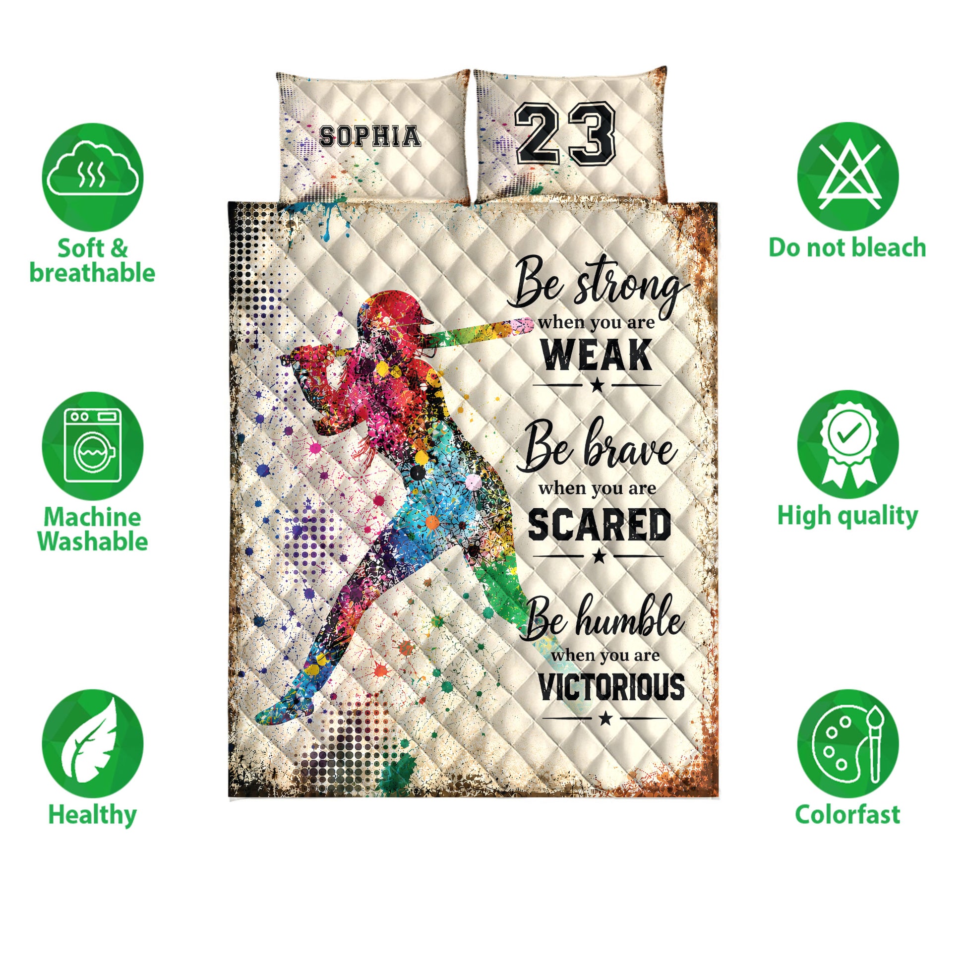 Softball quilt bedding set shown with vibrant batter artwork and soft breathable product feature icons