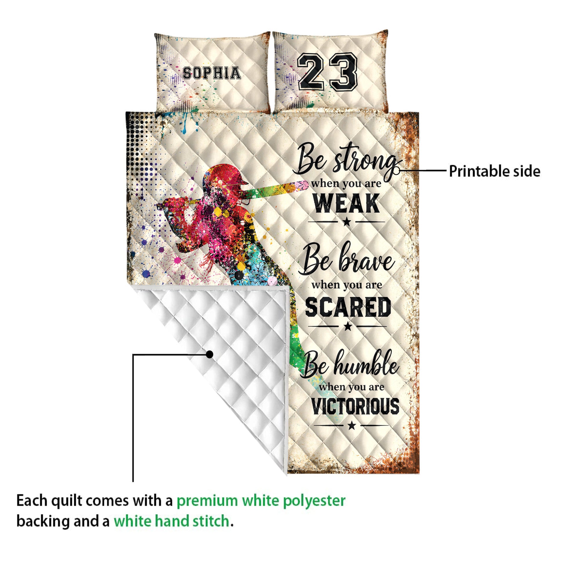 Softball quilt showing the printed front and white quilted backing in a product detail view