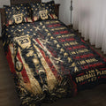 Football player quilt blanket bedding set displayed on a bedroom bed with black, red, and gold artwork