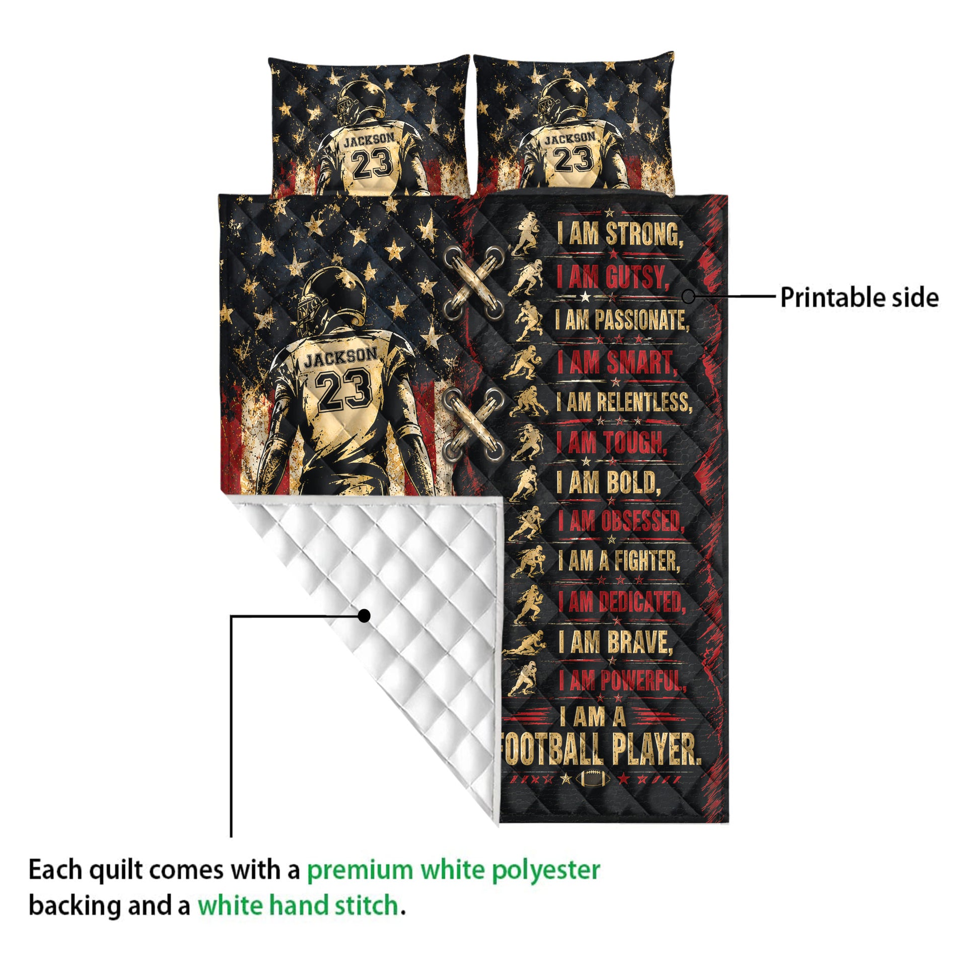 Football quilt showing the printed front and white quilted backing in a product construction view