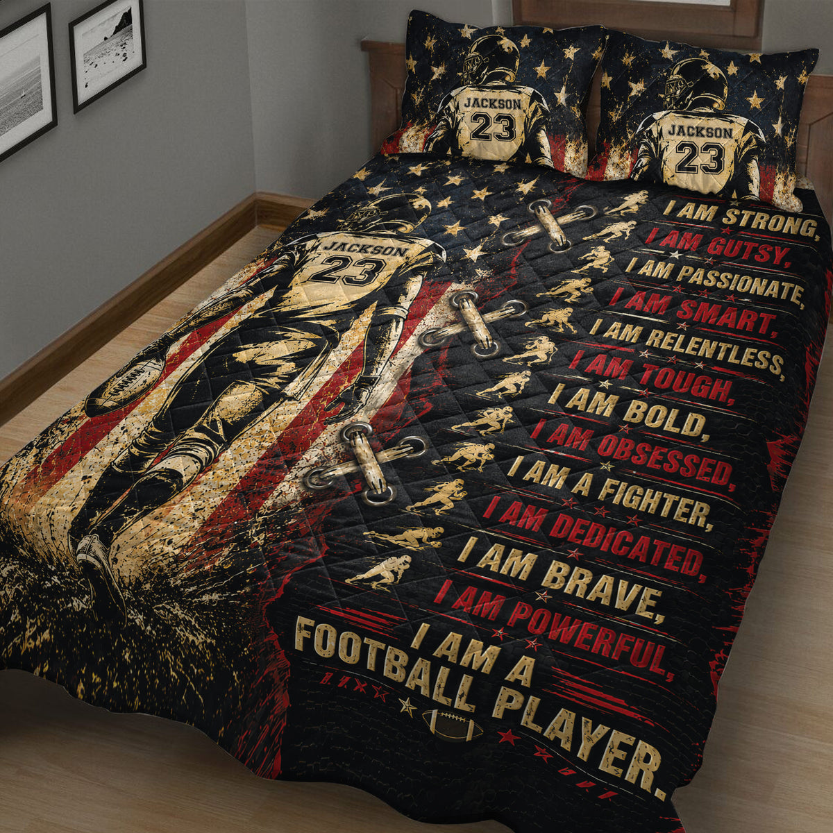 Close bedroom view of football quilt bedding with player artwork, stars, footballs, and bold red lettering