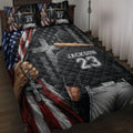 Baseball quilt bedding set displayed on a bed with a patriotic flag design, ballplayer artwork, bat, glove, and cross