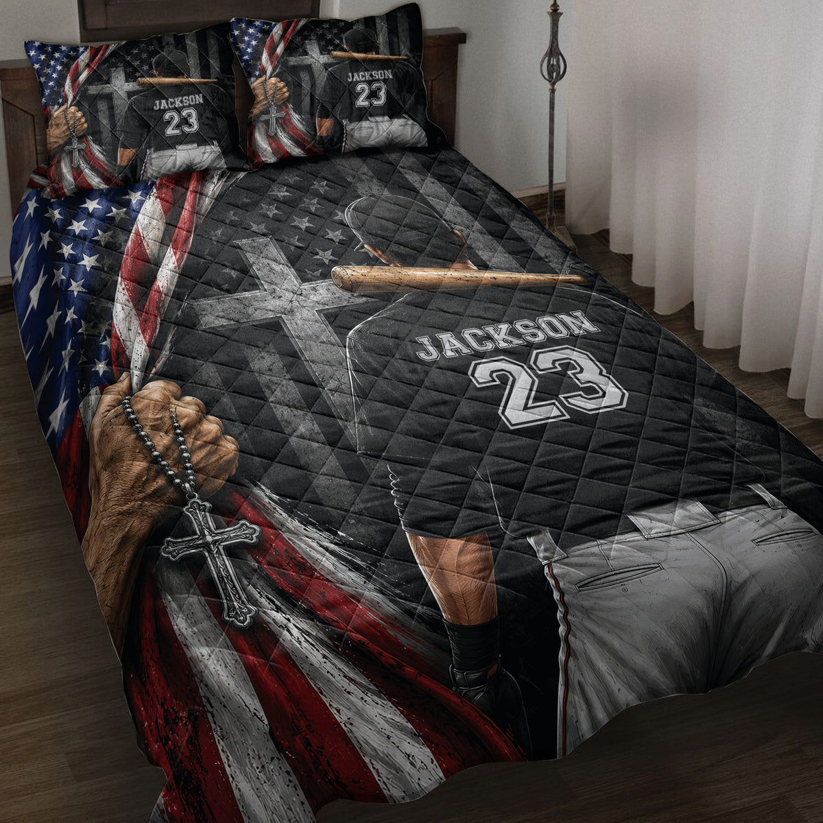 Baseball quilt bedding set displayed on a bed with a patriotic flag design, ballplayer artwork, bat, glove, and cross