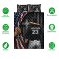 Baseball quilt bedding set shown flat with patriotic sports artwork, ballplayer design, and product feature icons