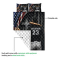 Baseball quilt showing the printed front, white quilted backing, and ballplayer artwork with bat and glove