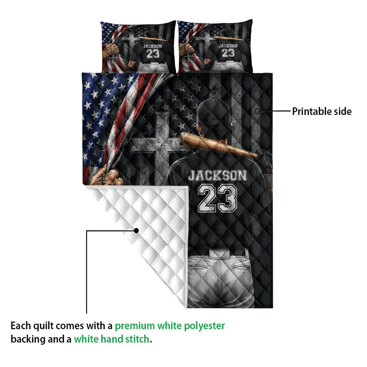 Baseball quilt showing the printed front, white quilted backing, and ballplayer artwork with bat and glove