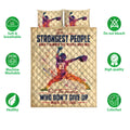 Softball quilt bedding set with colorful pitcher artwork shown alongside product feature icons