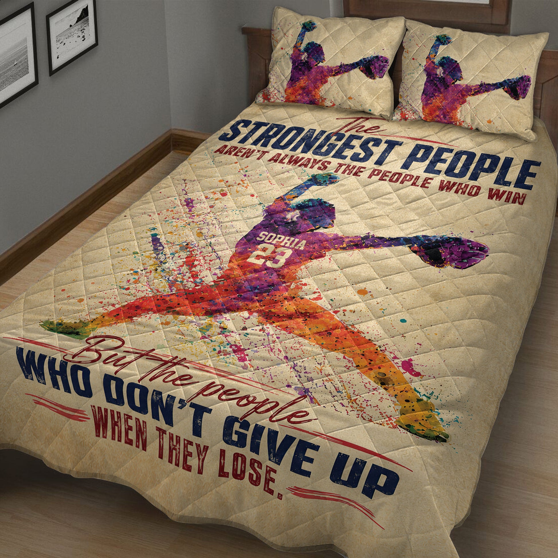 Softball quilt bedding displayed from an angled bedroom view with vibrant pitcher artwork
