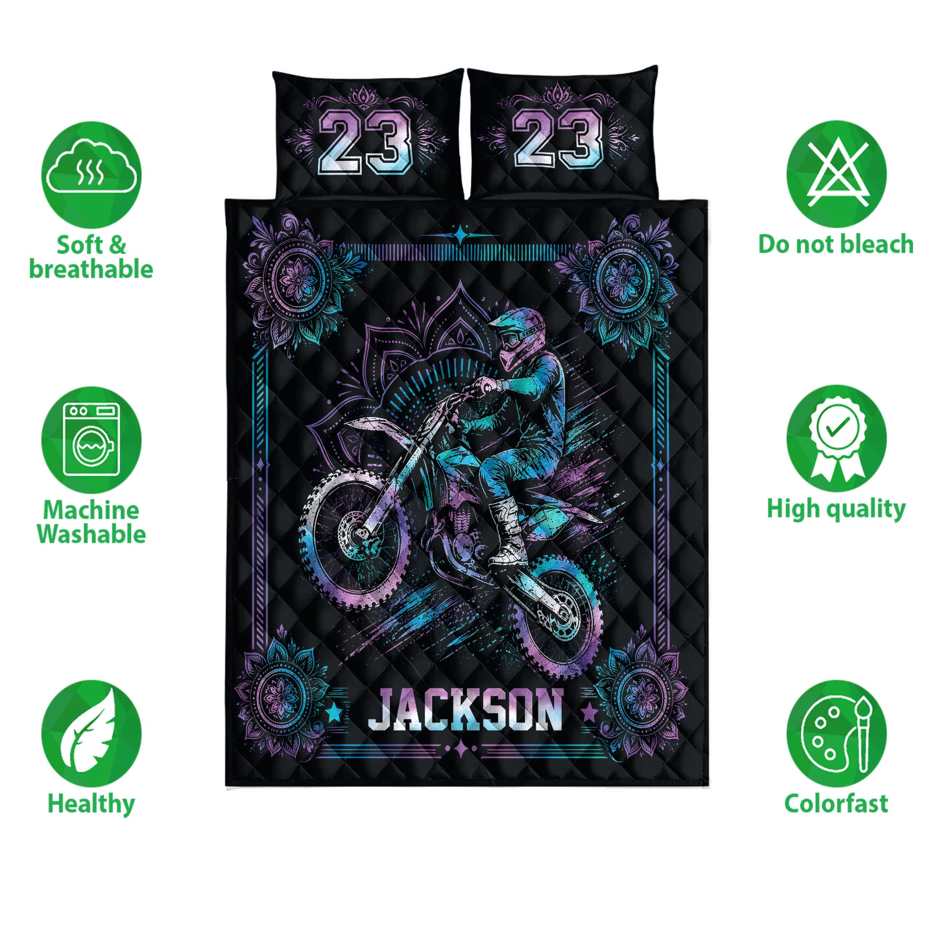 Motocross quilt bedding set with neon dirt bike artwork and floral border on a black background