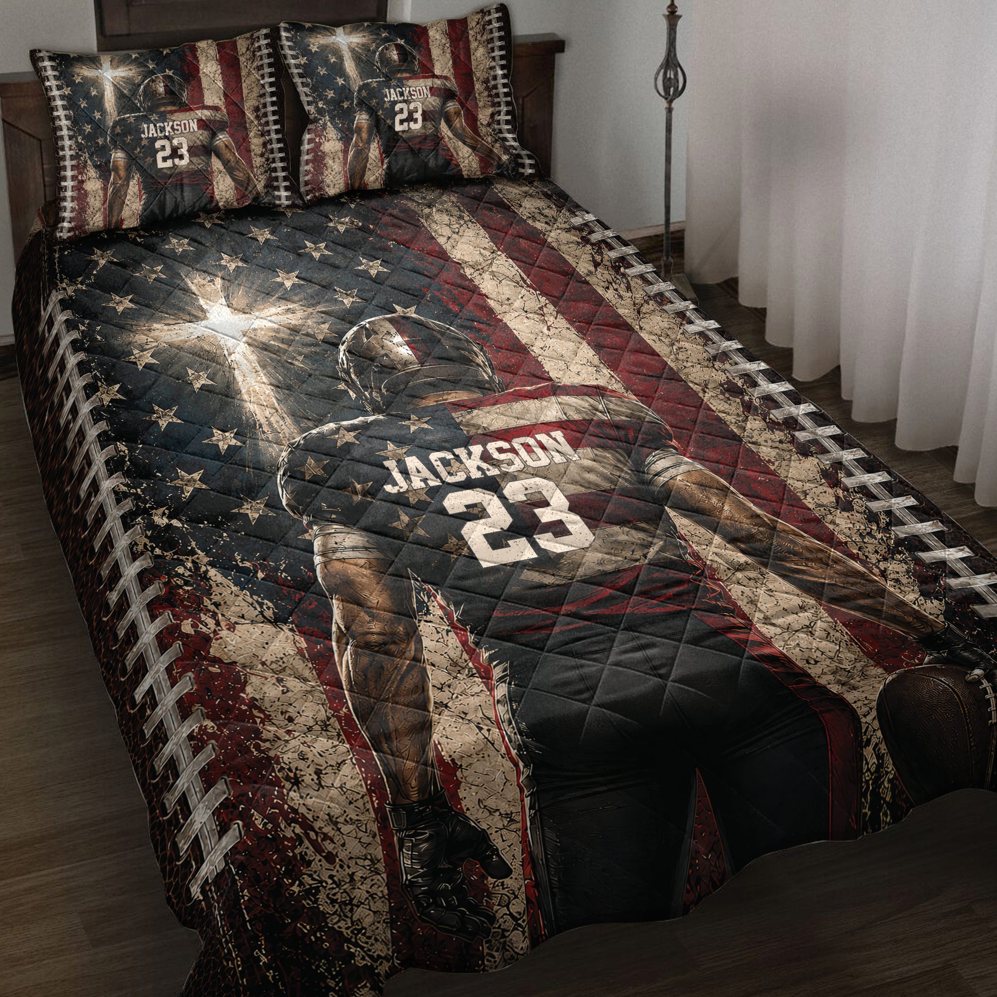 Football quilt bedding set displayed on a bed with a helmeted player, stars, and distressed red, white, and black artwork