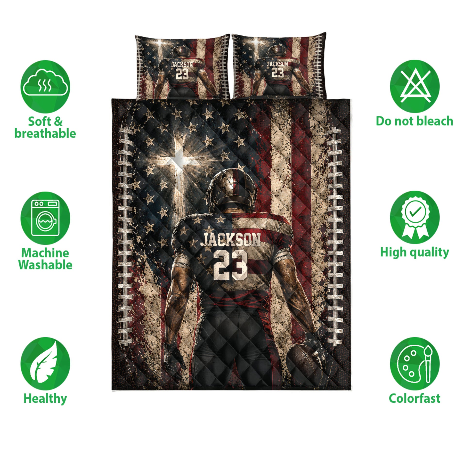 Football quilt blanket set shown with helmeted player artwork and soft, breathable, washable, colorful design icons