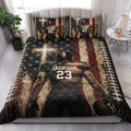 Football quilt bedding set styled in a bright bedroom with bold helmeted player artwork and patriotic star details