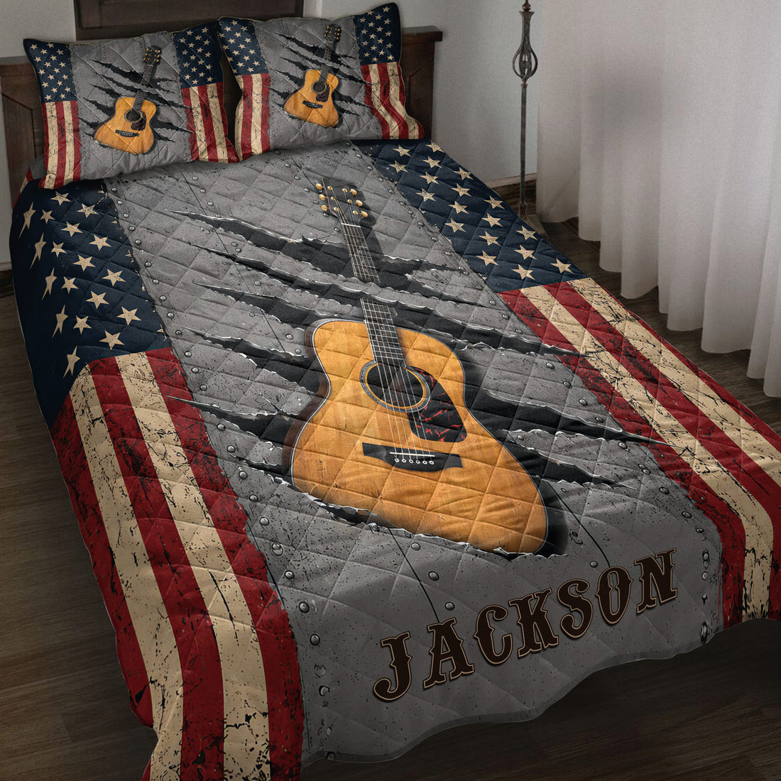 Guitar quilt bedding set displayed on a bed with acoustic guitar artwork, stars, and distressed flag colors