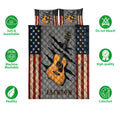 Guitar quilt blanket bedding set shown with acoustic guitar artwork and product feature icons