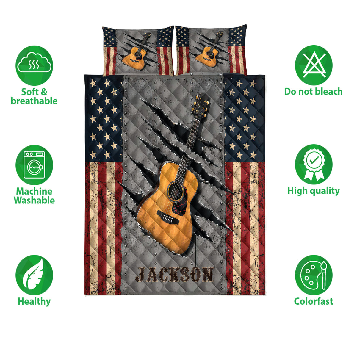 Guitar quilt blanket bedding set shown with acoustic guitar artwork and product feature icons