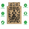 Motocross quilt bedding set shown flat with dirt bike artwork and icons highlighting breathable, washable, and colorfast features