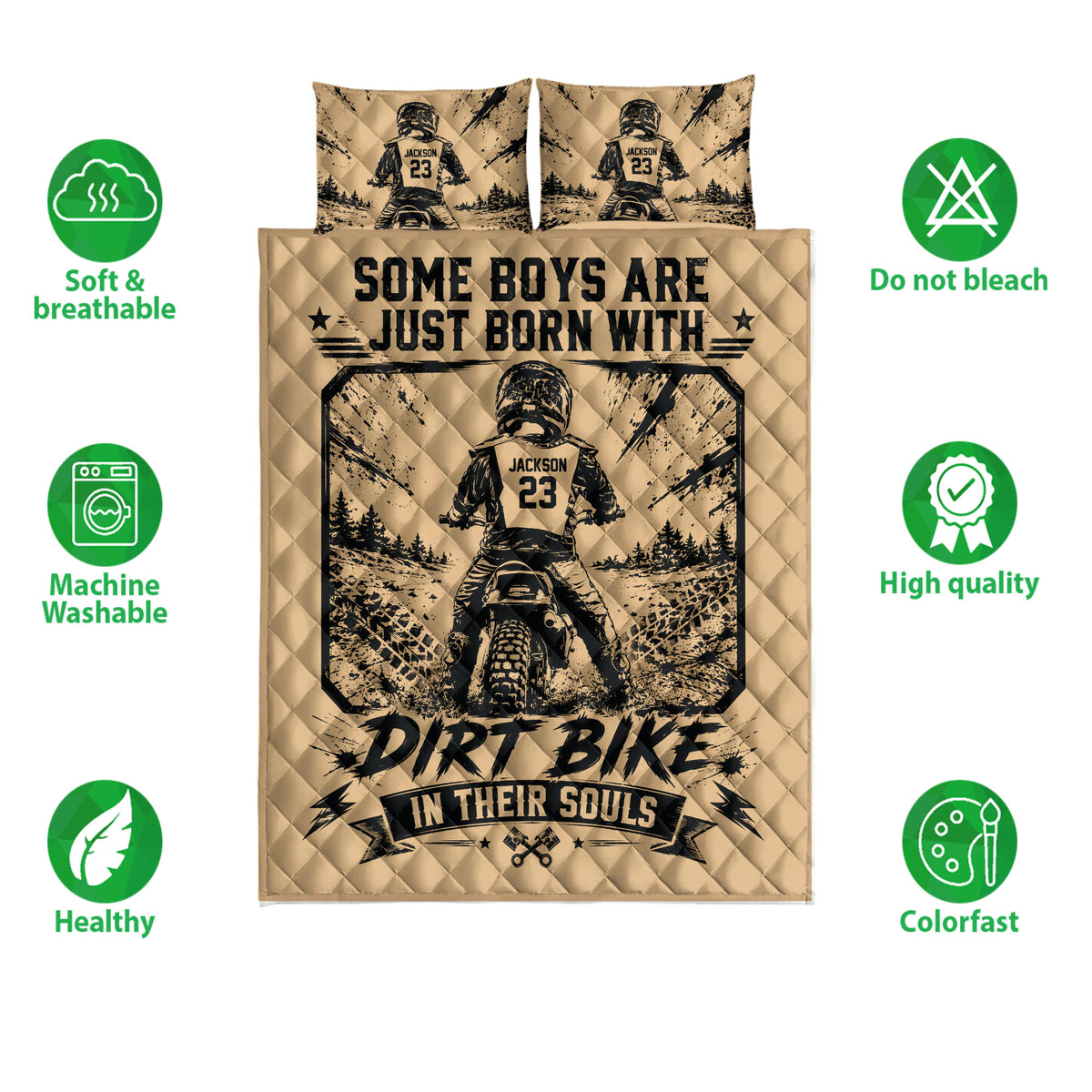 Motocross quilt bedding set shown flat with dirt bike artwork and icons highlighting breathable, washable, and colorfast features