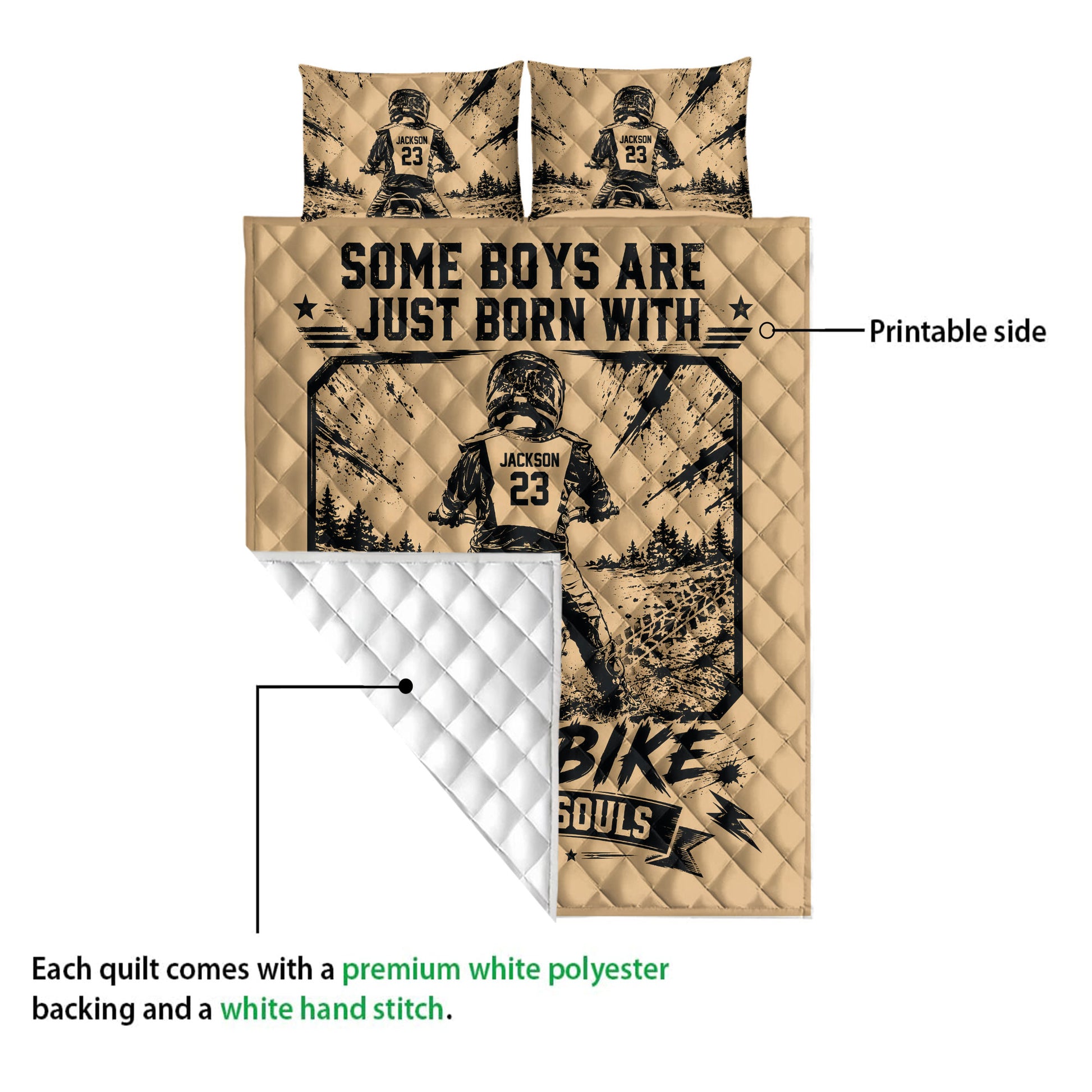 Motocross quilt showing a printed dirt bike rider design, quilted white backing, and the printable front side
