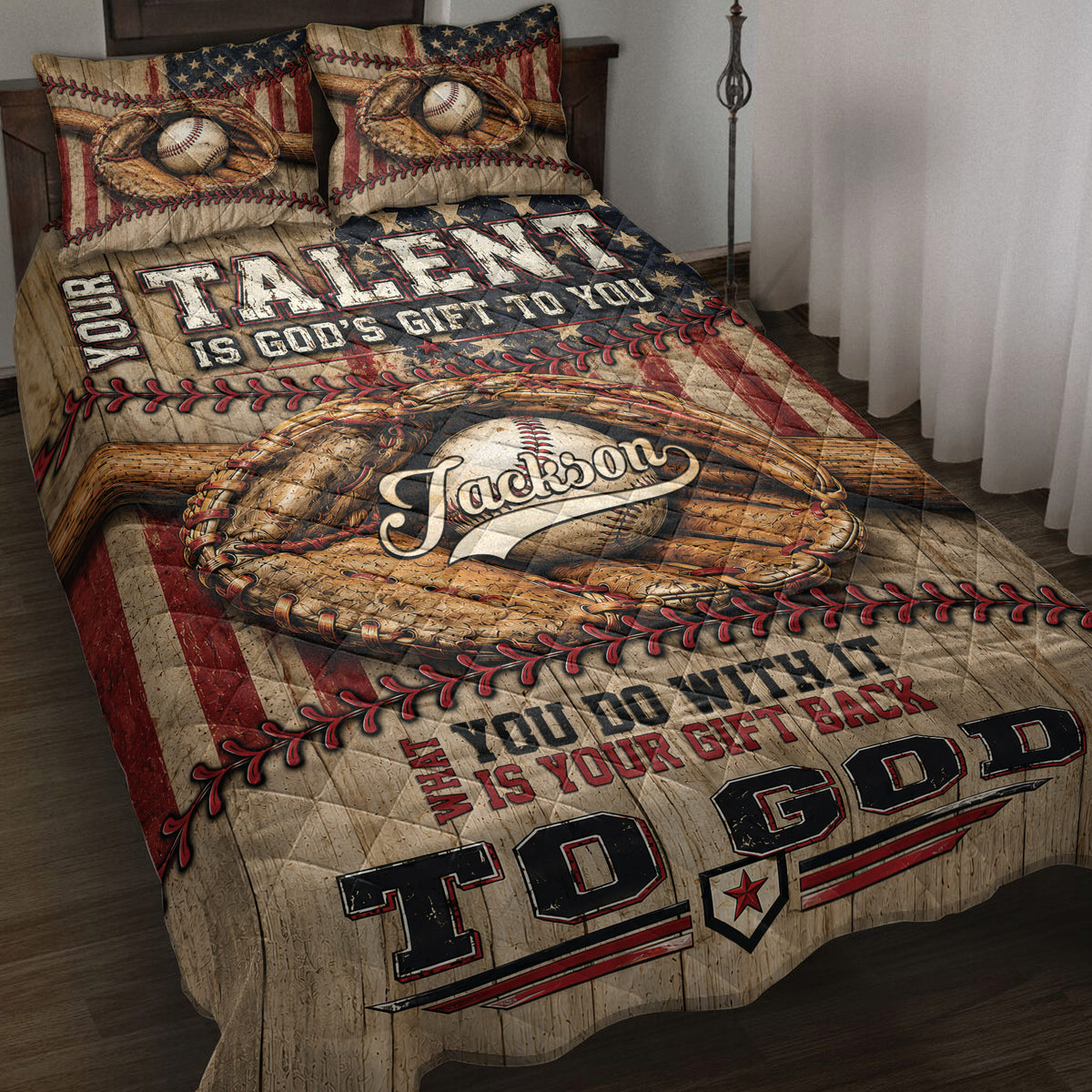 Baseball quilt blanket displayed on a bed with gloves, baseballs, stars, and vintage patriotic artwork
