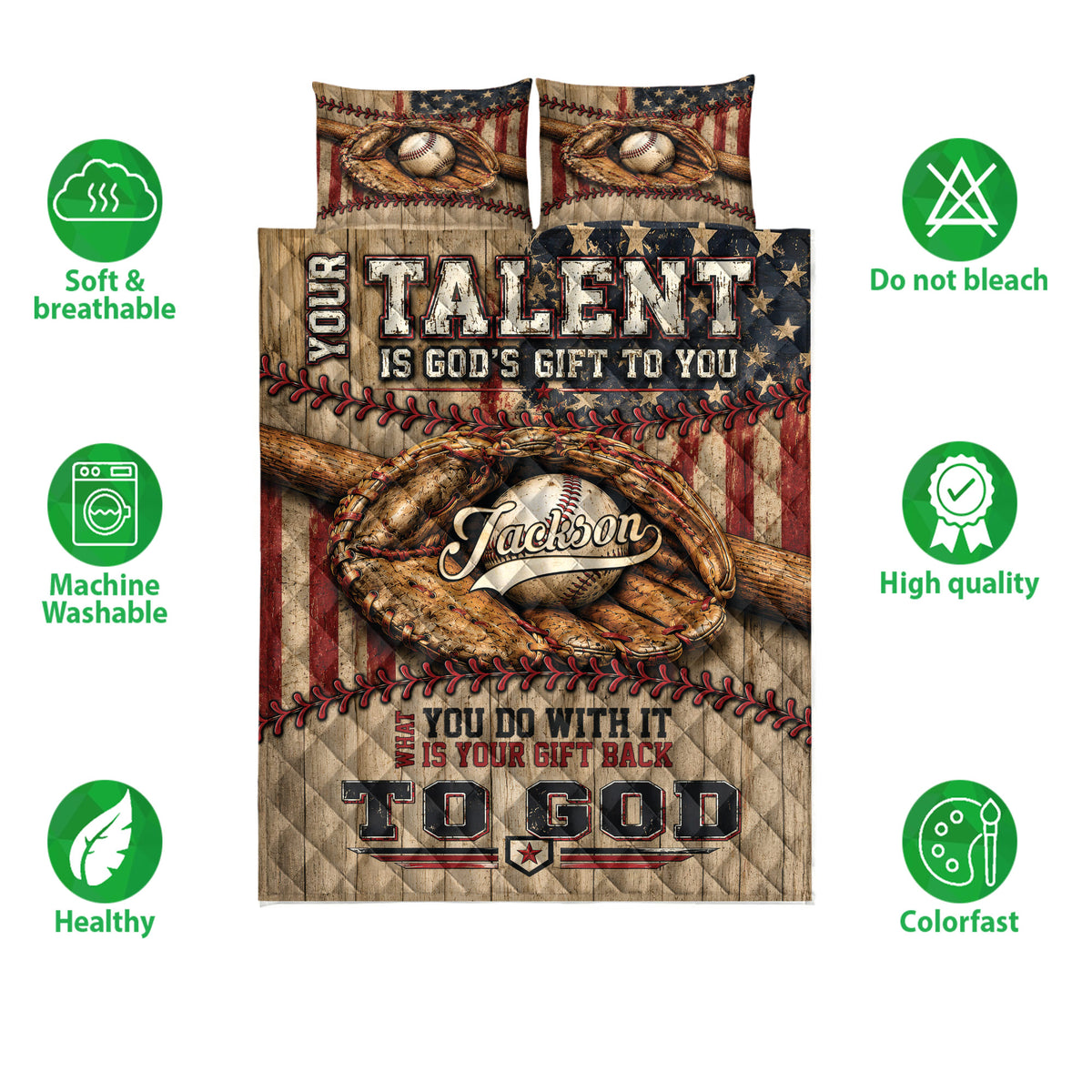 Baseball quilt bedding set shown with glove and ball artwork alongside product feature icons