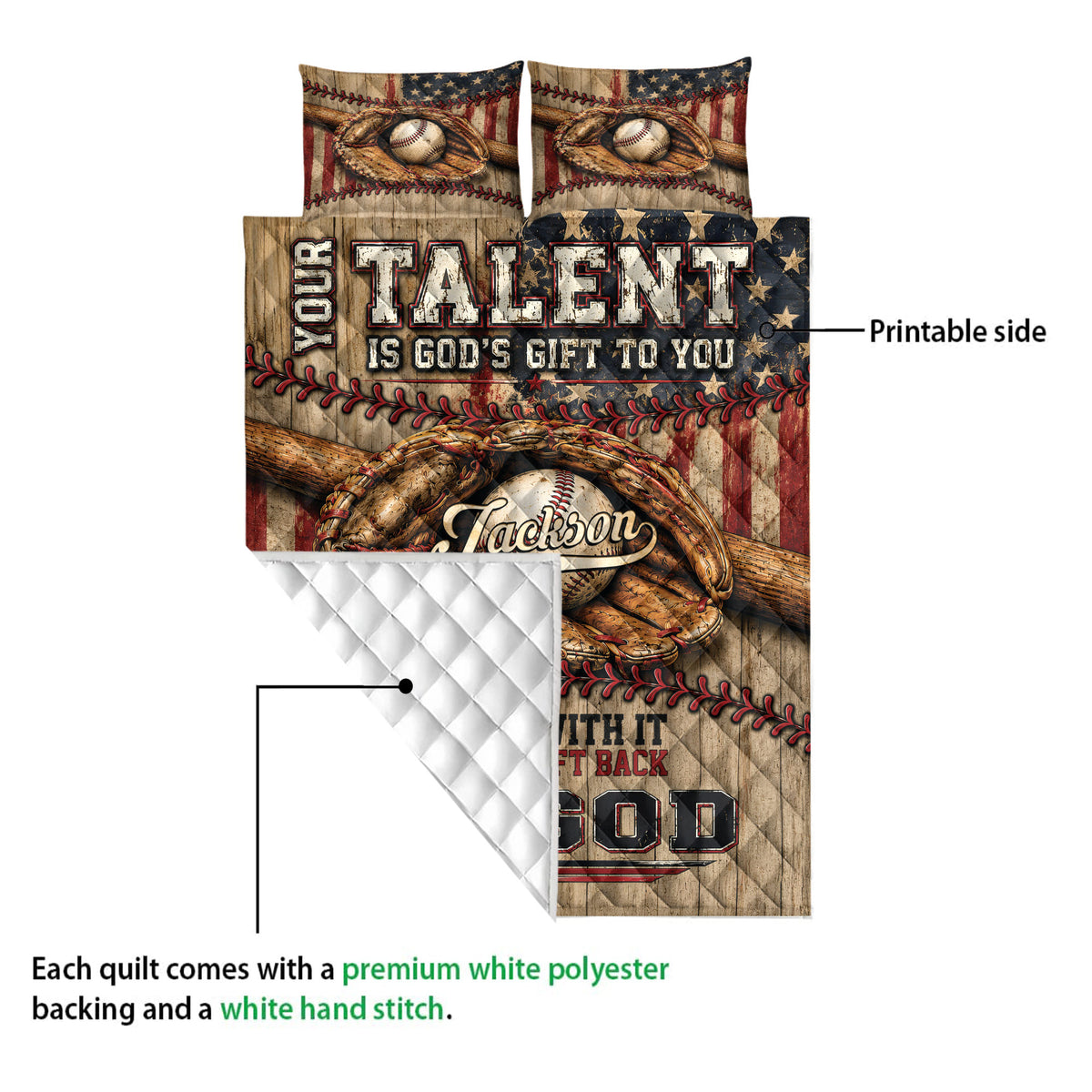Baseball quilt showing the printed front design and white quilted backing detail