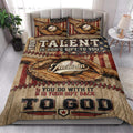 Patriotic baseball quilt blanket styled in a bright bedroom with glove and baseball artwork