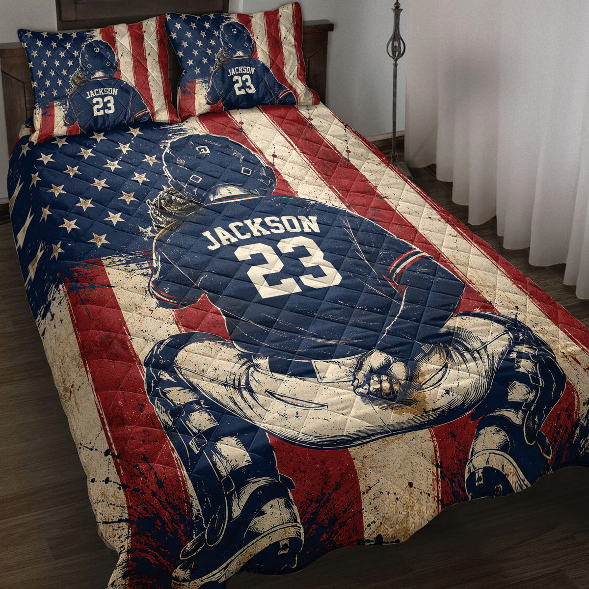 Baseball quilt blanket displayed on a bed with patriotic stars and stripes and ballplayer artwork