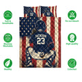 Baseball quilt bedding set shown with ballplayer artwork, patriotic colors, and soft breathable design icons