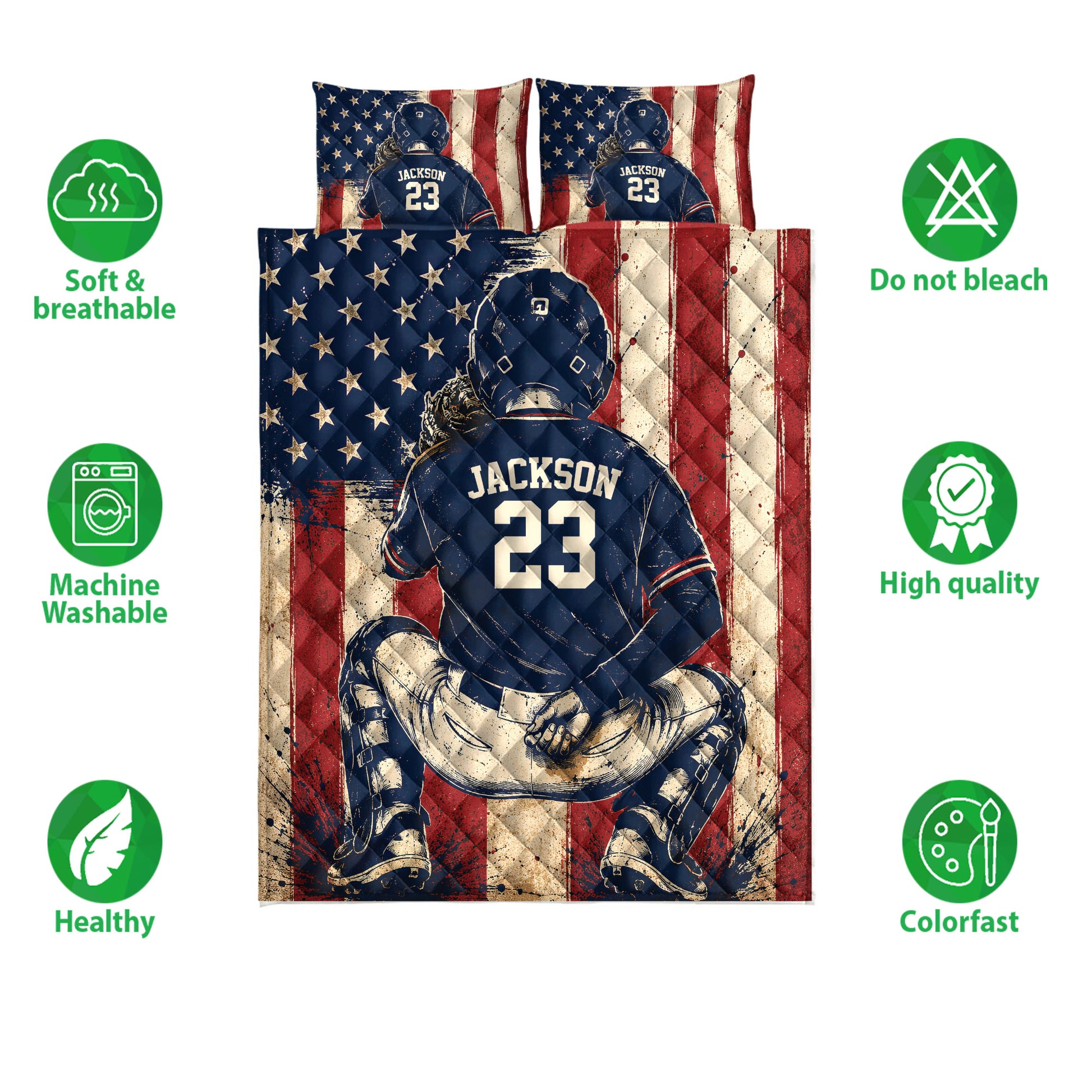 Baseball quilt bedding set shown with ballplayer artwork, patriotic colors, and soft breathable design icons