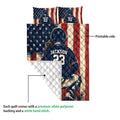 Baseball quilt blanket detail showing printed ballplayer artwork and white quilted backing