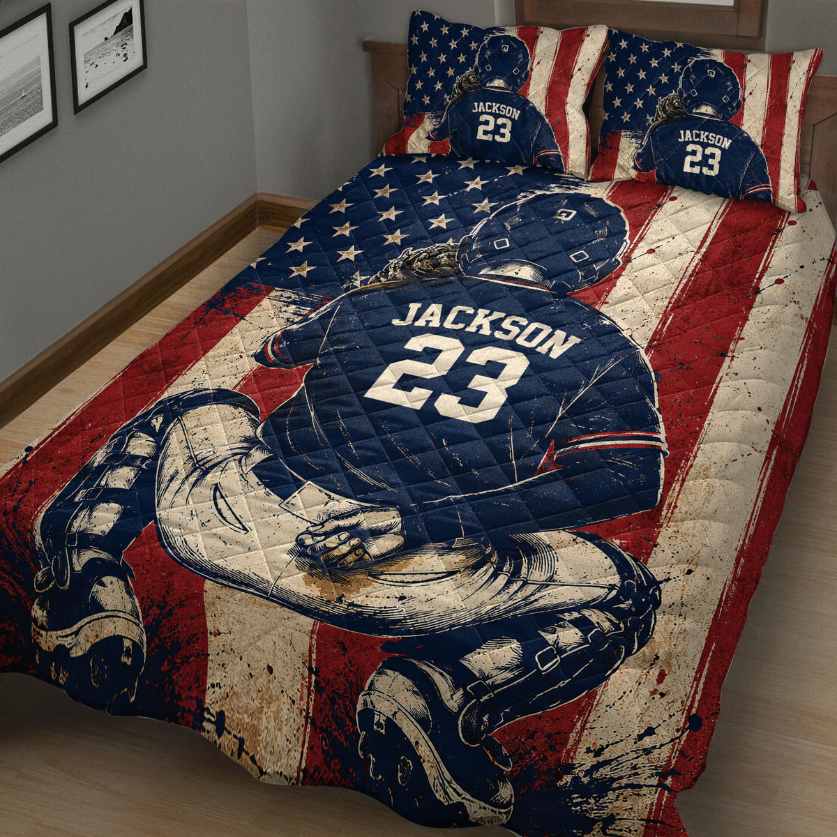Baseball quilt blanket bedroom display featuring a ballplayer, glove, stars, and red white and blue stripes