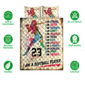 Softball quilt bedding set shown with colorful player artwork and breathable care feature icons